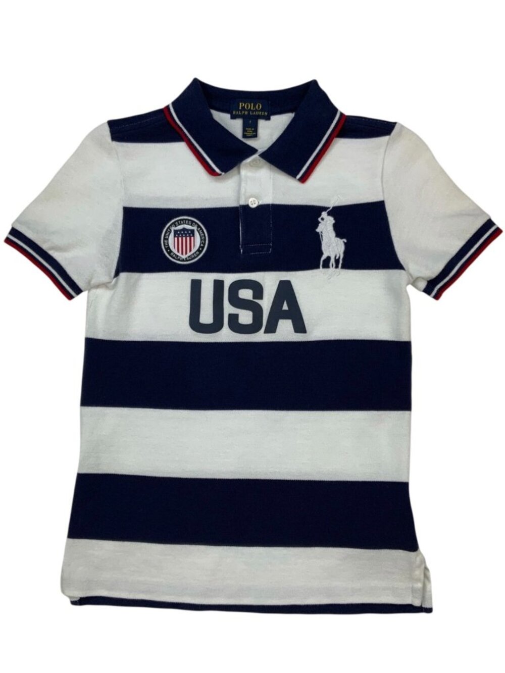 Polo Ralph Lauren Boy's Big Pony USA Polo Shirt 7 Blue White Stripe